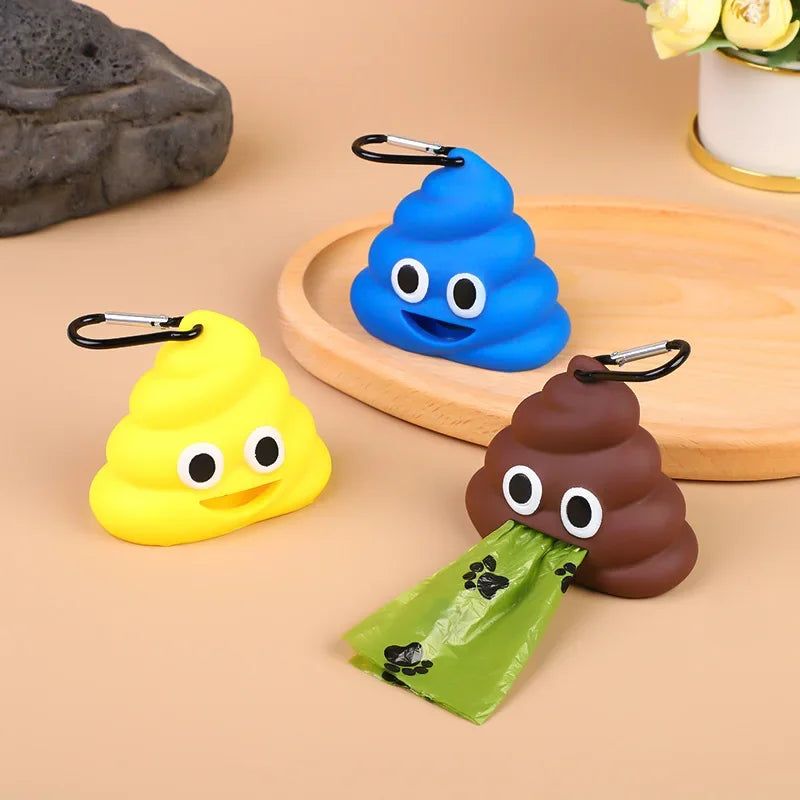 Outdoor portable dog poop bag dispenser with clip attachment in fun fecal shape design