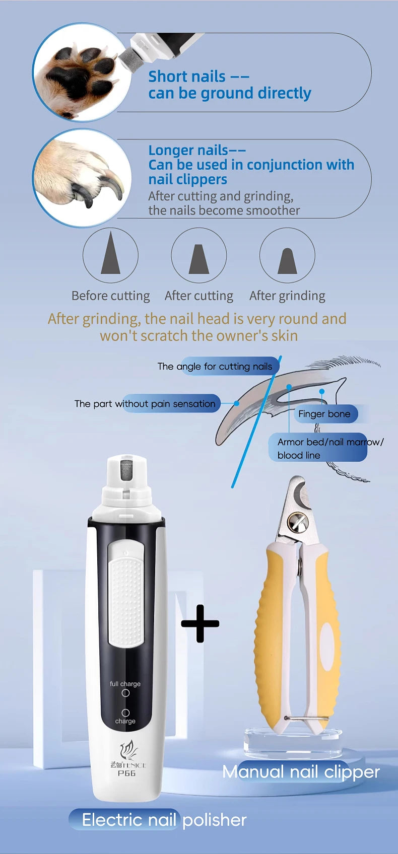 ๐ Electric Pet Nail Grinder ๐พ Rechargeable & Quiet with Diamond Head (P66)