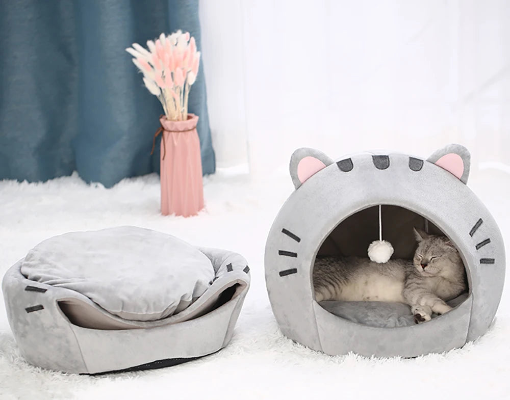๐พ Super Soft Cat Cave Bed โ Warm Semi ๐งบ Covered Cotton Nest for Kittens & Small Pets