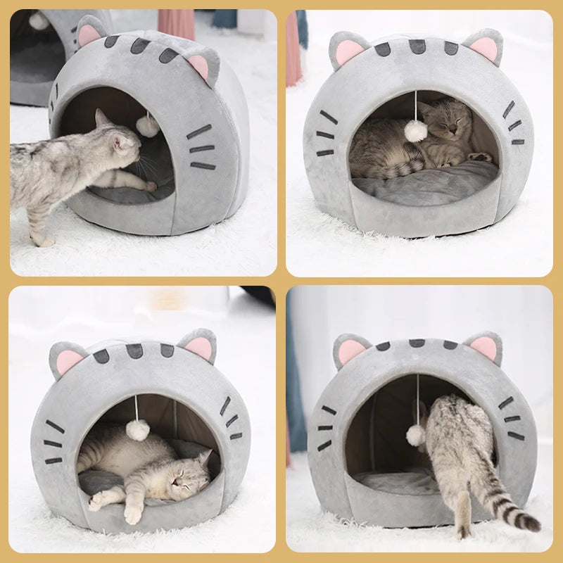 ๐พ Super Soft Cat Cave Bed โ Warm Semi ๐งบ Covered Cotton Nest for Kittens & Small Pets