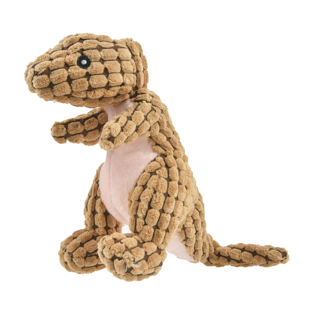 Brown plush dinosaur dog chew toy with squeaker for interactive play