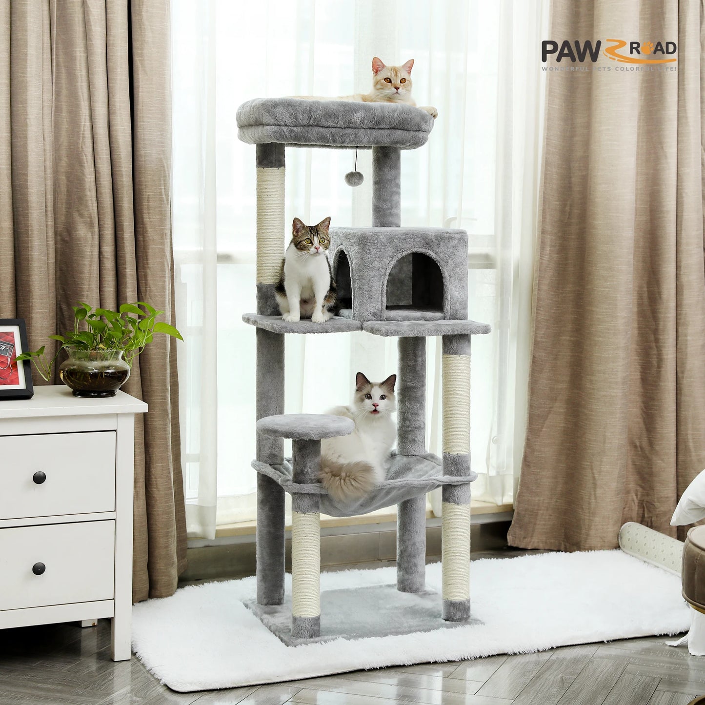 5-level indoor cat tree tower with hammock, sisal scratching posts, condo, and perch for large cats