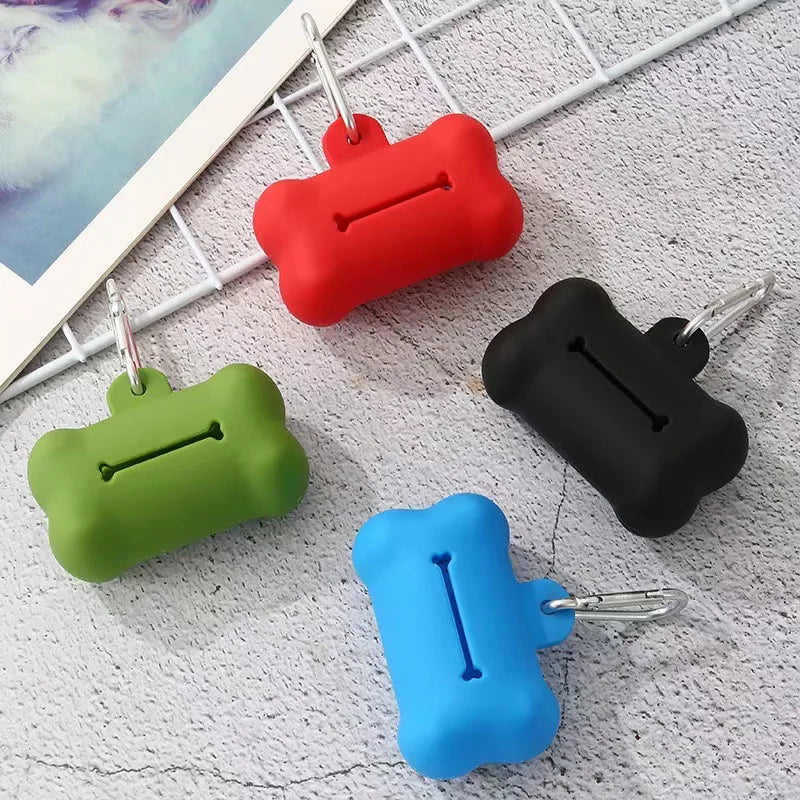 Bone-shaped PVC dog waste bag dispenser in assorted colors for outdoor walks