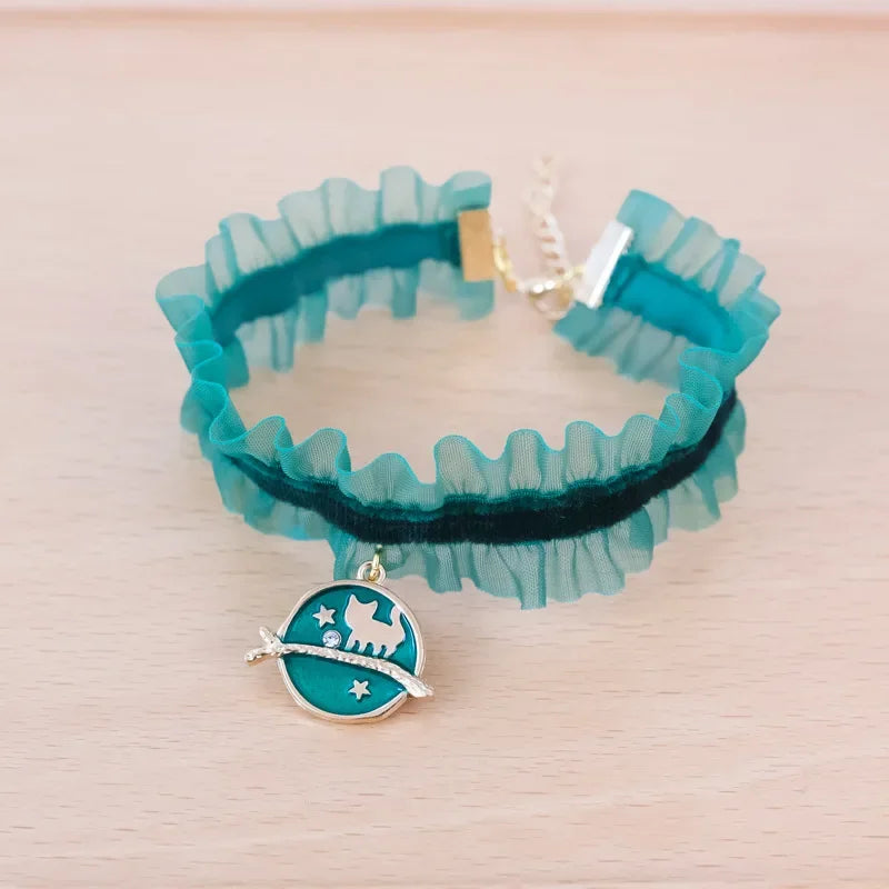 ๐ Moon Charm Cat Collar ๐ Lace Adjustable Necklace for Cats & Small Dogs