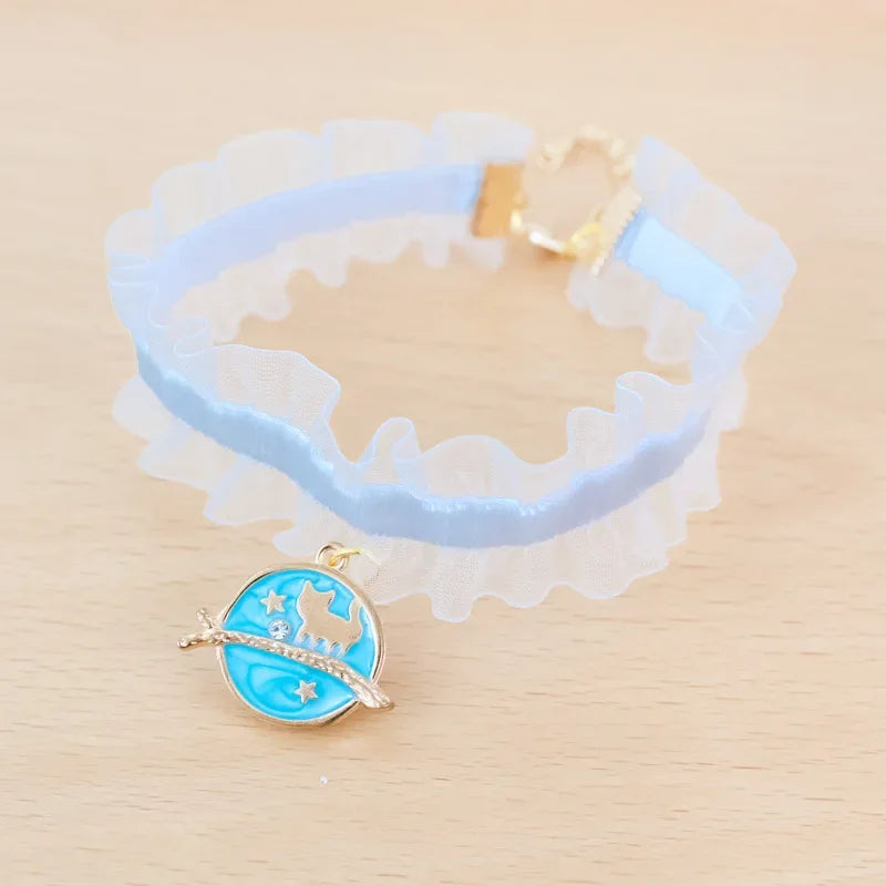 ๐ Moon Charm Cat Collar ๐ Lace Adjustable Necklace for Cats & Small Dogs