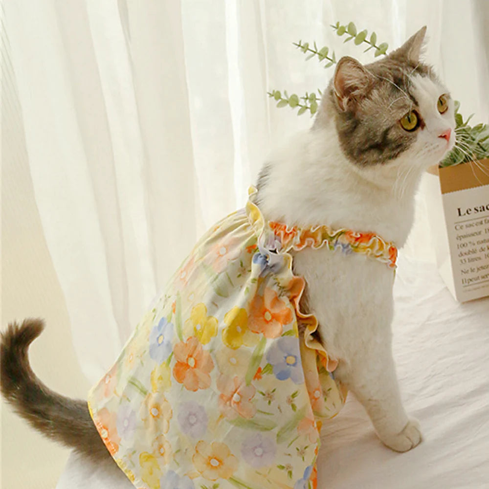 ๐ธ Cat Summer Dress ๐พ ๐ Cotton Floral Suspender Outfit for Sphynx & Small Pets