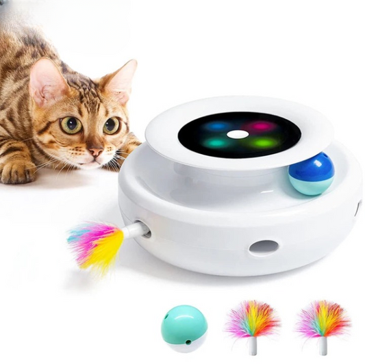 Smart cat teaser toy with feather and spinning ball features