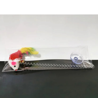 🧲🐭 Interactive Suction Cup Spring Mouse Cat Toy with Feather & Bell 🔔🌈
