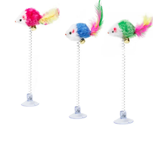 🧲🐭 Interactive Suction Cup Spring Mouse Cat Toy with Feather & Bell 🔔🌈