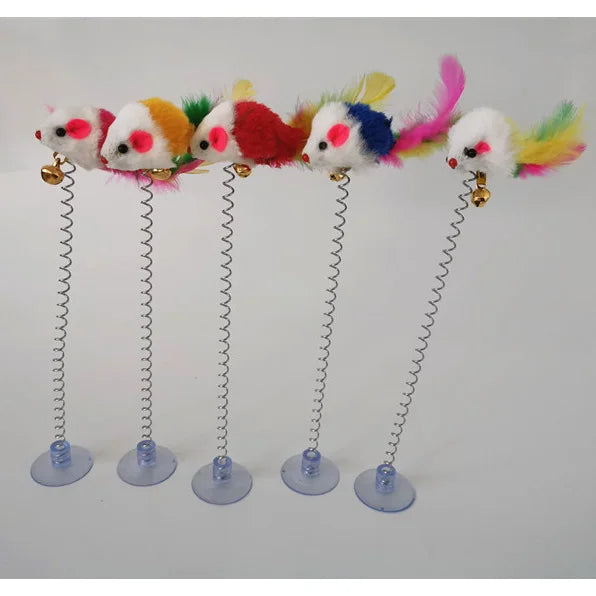 🧲🐭 Interactive Suction Cup Spring Mouse Cat Toy with Feather & Bell 🔔🌈