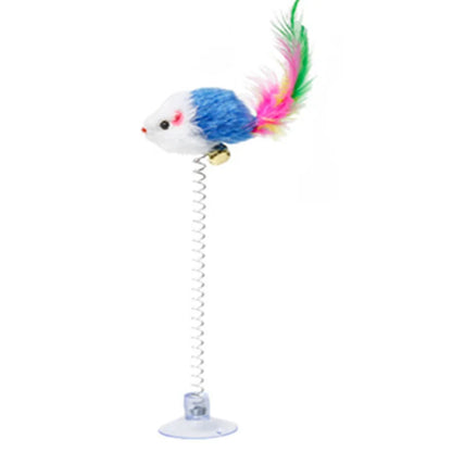 🧲🐭 Interactive Suction Cup Spring Mouse Cat Toy with Feather & Bell 🔔🌈