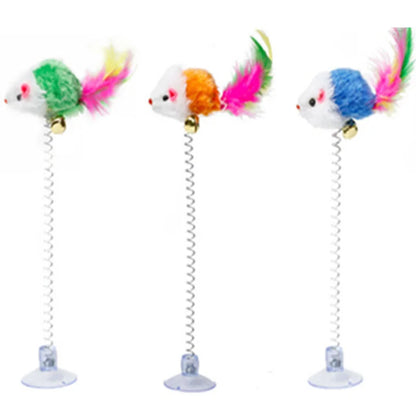 🧲🐭 Interactive Suction Cup Spring Mouse Cat Toy with Feather & Bell 🔔🌈