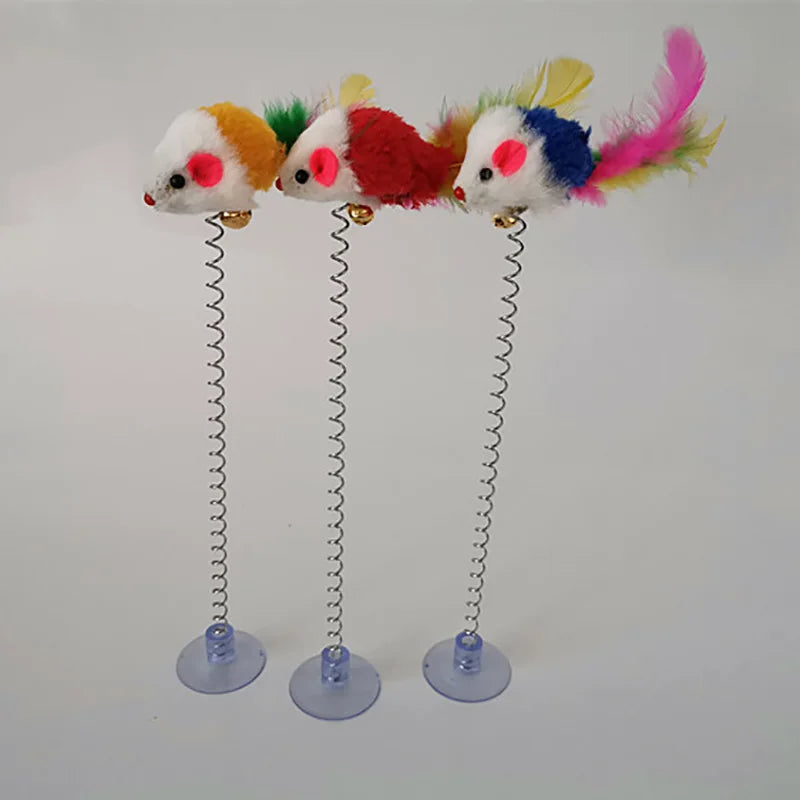 🧲🐭 Interactive Suction Cup Spring Mouse Cat Toy with Feather & Bell 🔔🌈