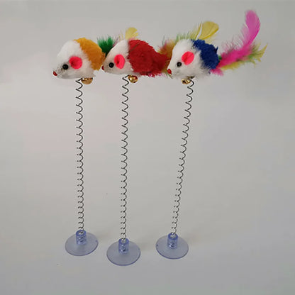 🧲🐭 Interactive Suction Cup Spring Mouse Cat Toy with Feather & Bell 🔔🌈