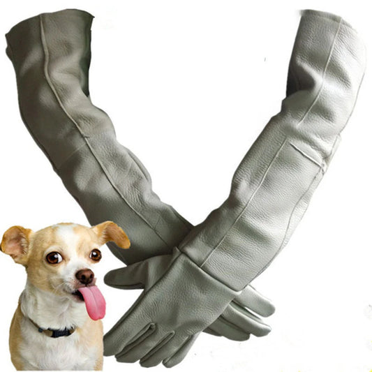 Leather pet grooming gloves bite and scratch resistant with full arm protection for dog and cat handling
