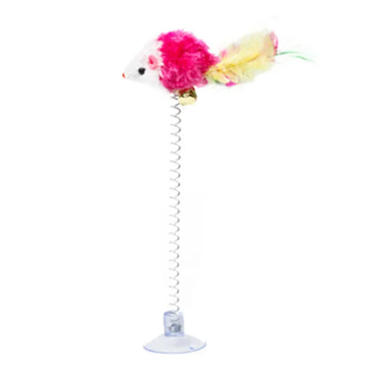 🧲🐭 Interactive Suction Cup Spring Mouse Cat Toy with Feather & Bell 🔔🌈