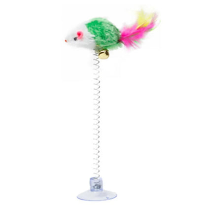 🧲🐭 Interactive Suction Cup Spring Mouse Cat Toy with Feather & Bell 🔔🌈