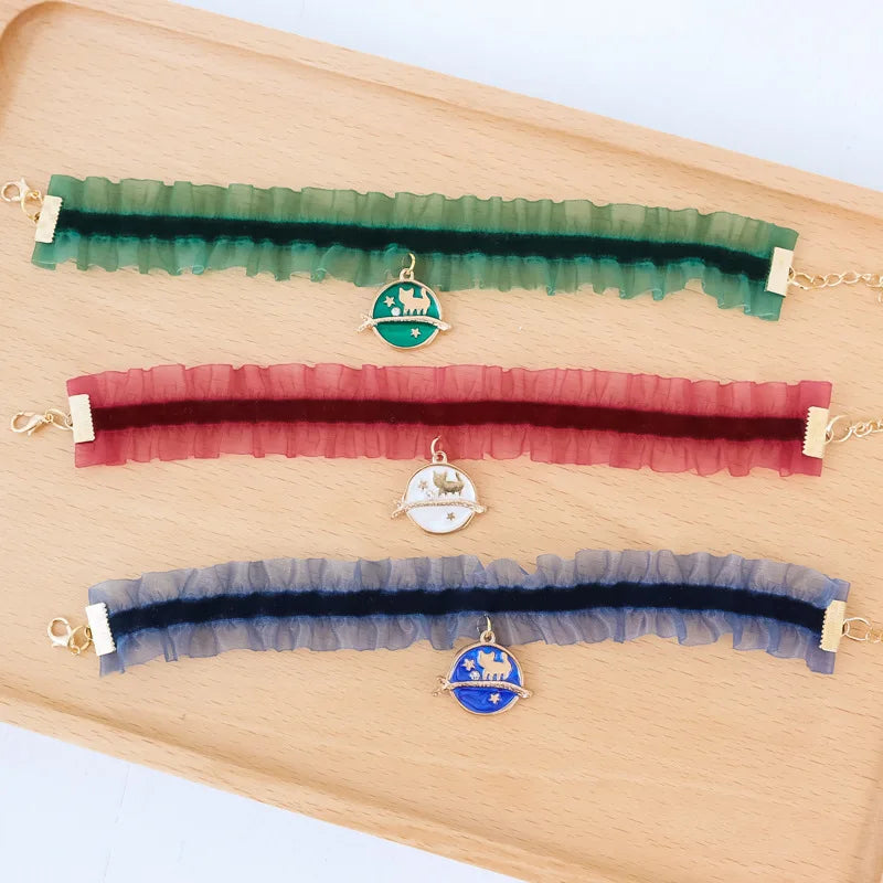 🌙 Moon Charm Cat Collar 🌟 Lace Adjustable Necklace for Cats & Small Dogs