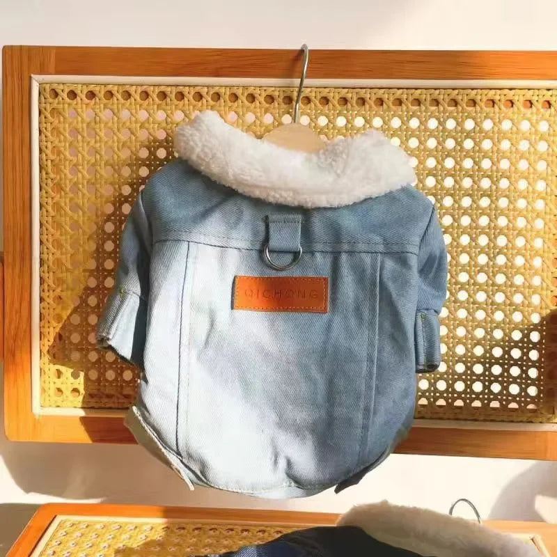 👖 Denim Dog Jacket 🐾 Fleece-Lined Winter Coat for Small Dogs