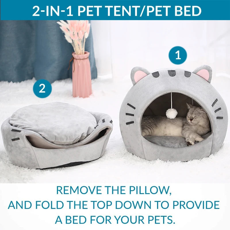 🐾 Super Soft Cat Cave Bed – Warm Semi 🧺 Covered Cotton Nest for Kittens & Small Pets