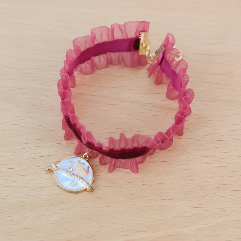 🌙 Moon Charm Cat Collar 🌟 Lace Adjustable Necklace for Cats & Small Dogs