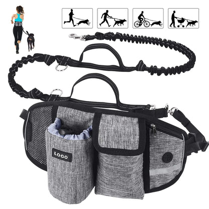 Gray hands-free dog training waist bag with leash, reflective trim, and storage pockets
