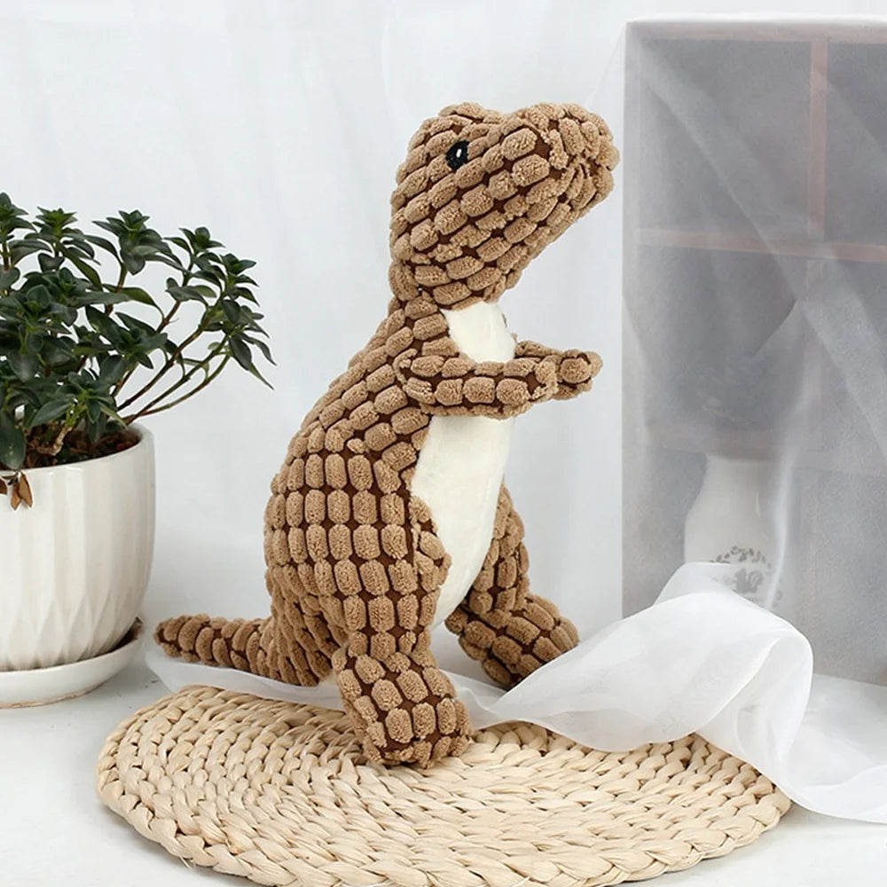 Plush Dino Chew Toy – Soft Squeaky Dog Play Companion – Brown