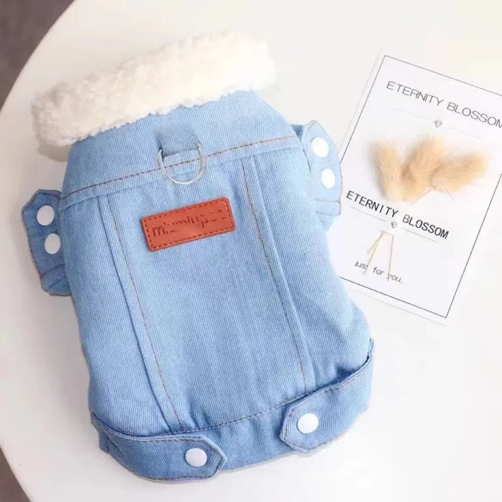 👖 Denim Dog Jacket 🐾 Fleece-Lined Winter Coat for Small Dogs