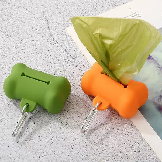 Bone-shaped PVC dog waste bag dispenser in assorted colors for outdoor walks
