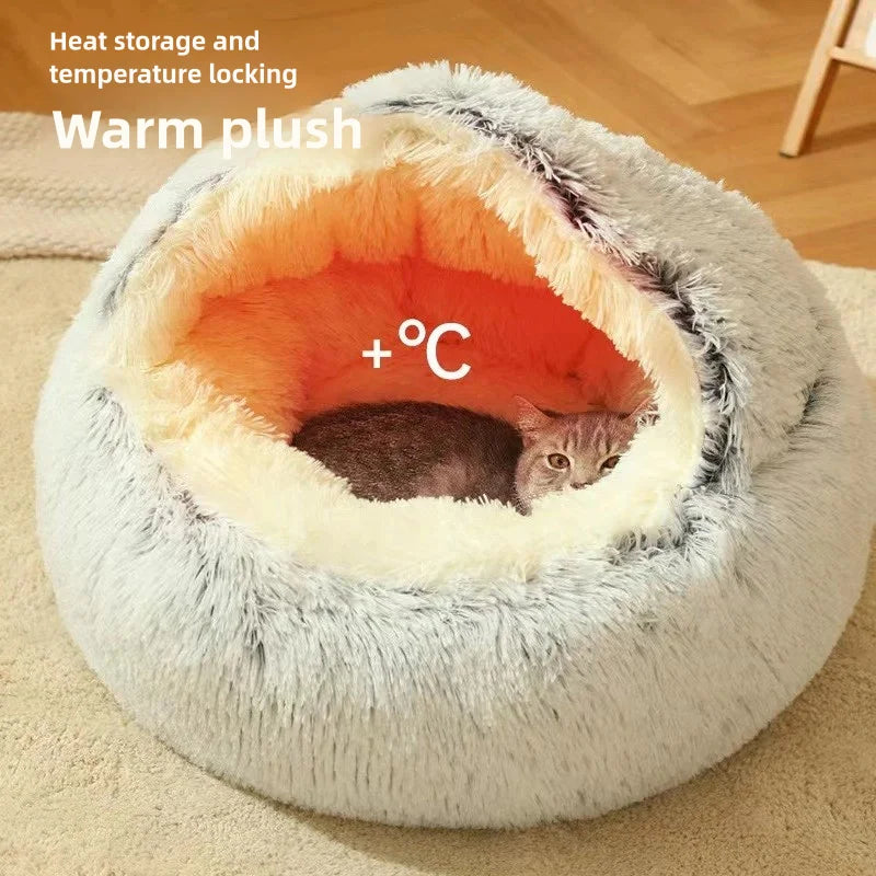Soft plush semi-enclosed cat bed for winter warmth and comfort
