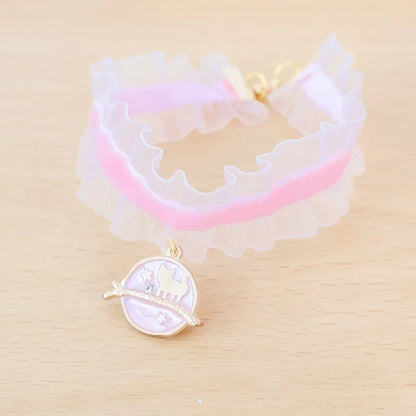 🌙 Moon Charm Cat Collar 🌟 Lace Adjustable Necklace for Cats & Small Dogs