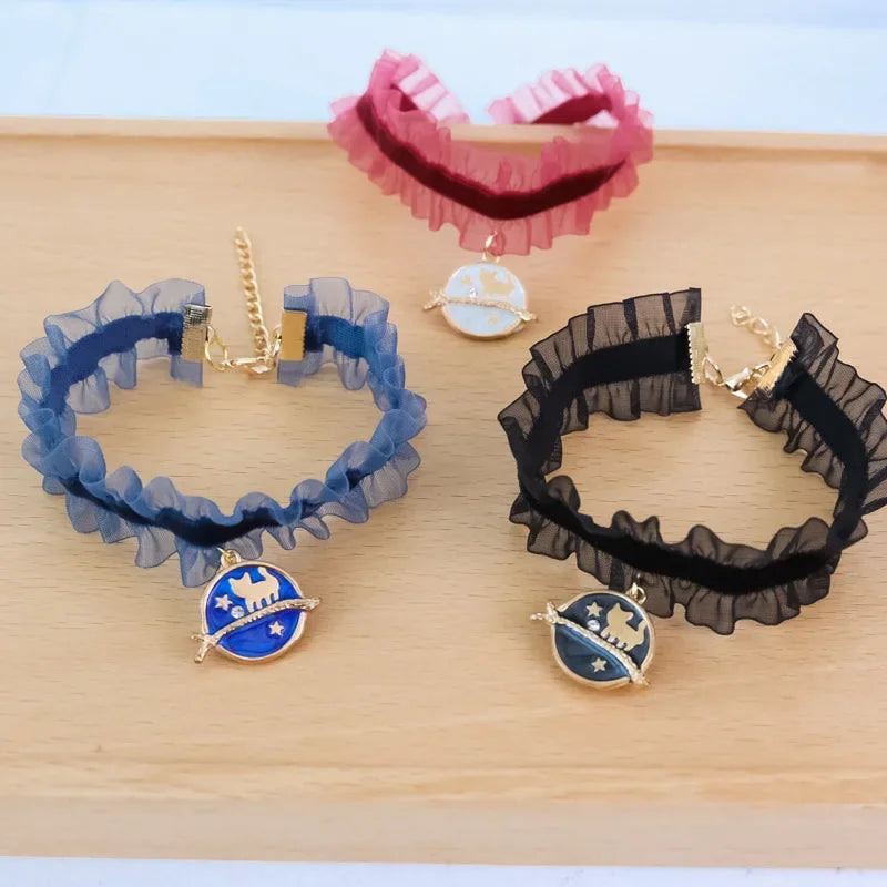 🌙 Moon Charm Cat Collar 🌟 Lace Adjustable Necklace for Cats & Small Dogs