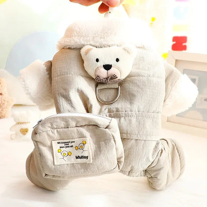 🧸 Cozy Teddy Bear Dog Jumpsuit ❄️ Warm Winter Pet Outfit with Mini Backpack