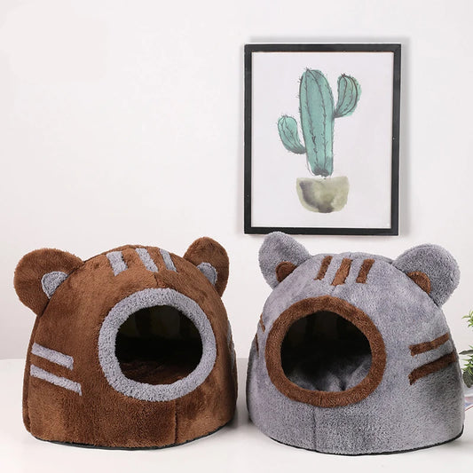 Bear-shaped cozy cat bed with soft plush winter cave design