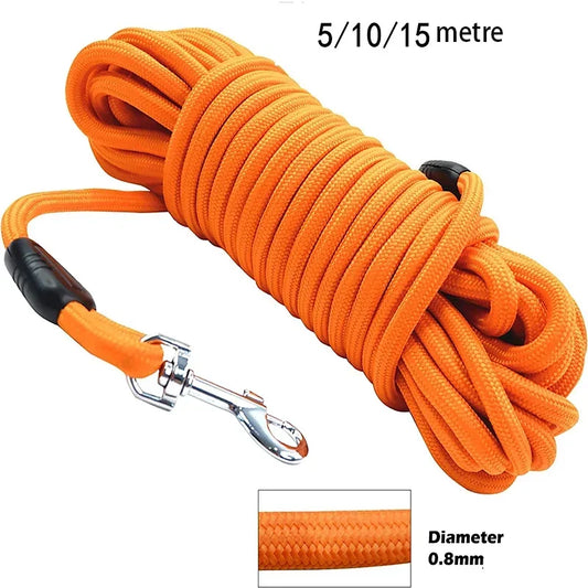 Heavy-duty orange nylon dog leash with reflective stitching in 5M, 10M, and 15M