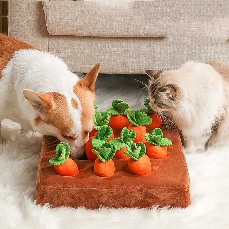 Interactive carrot plush toy for dogs, with nosework puzzle features