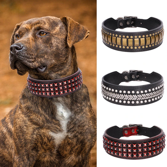 💎 Leather Dog Collar 🐶 Wide Rivet Design for Medium & Large Dogs