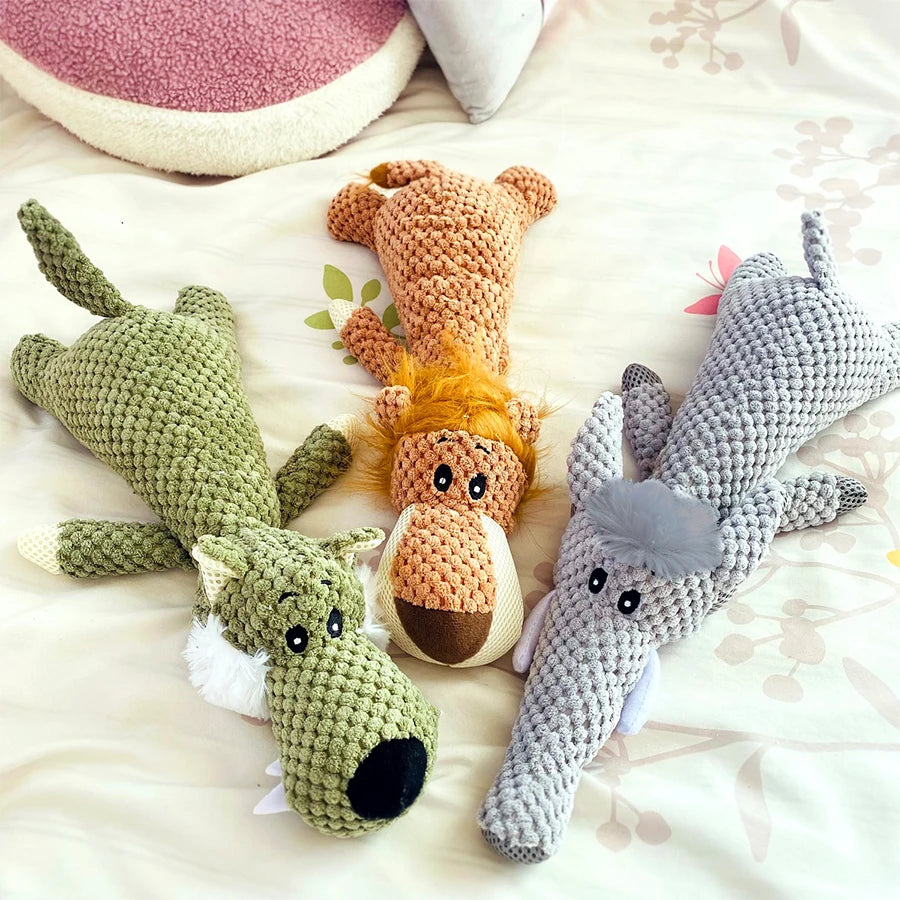Large Squeaky Dog Plush Toy 🐾 Durable Lion, Wolf & Elephant Chew Toy for Strong Chewers