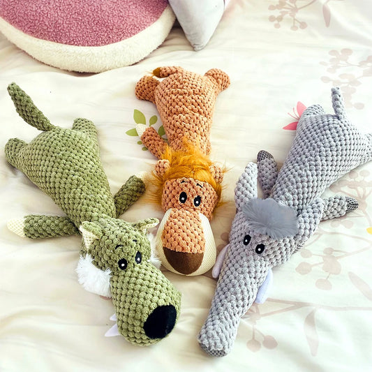 Large Squeaky Dog Plush Toy 🐾 Durable Lion, Wolf & Elephant Chew Toy for Strong Chewers