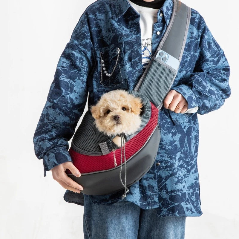 Breathable mesh pet carrier sling bag for cats and small dogs in crossbody style