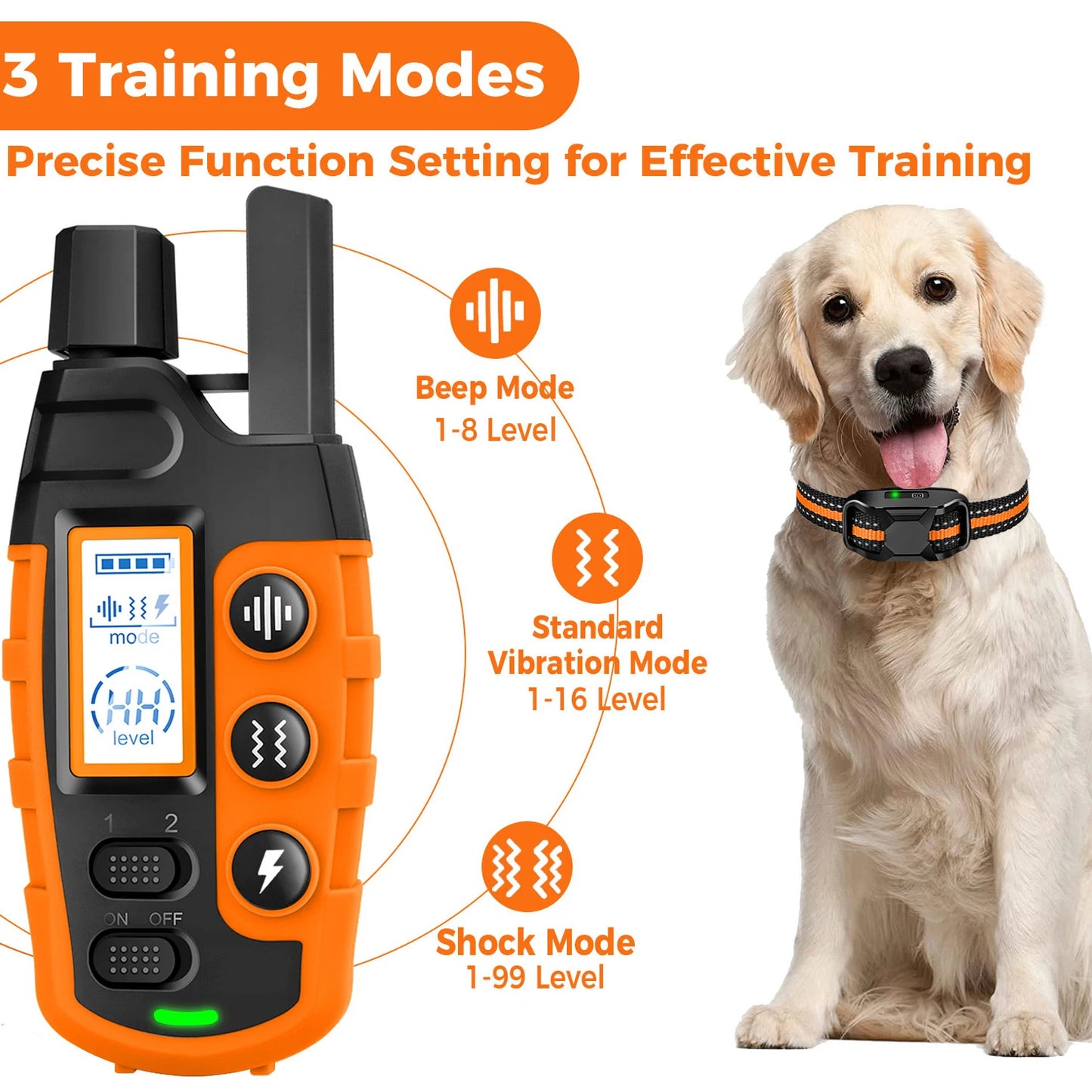 Dog training collar with remote, waterproof, orange color, fits 5-120lbs dogs