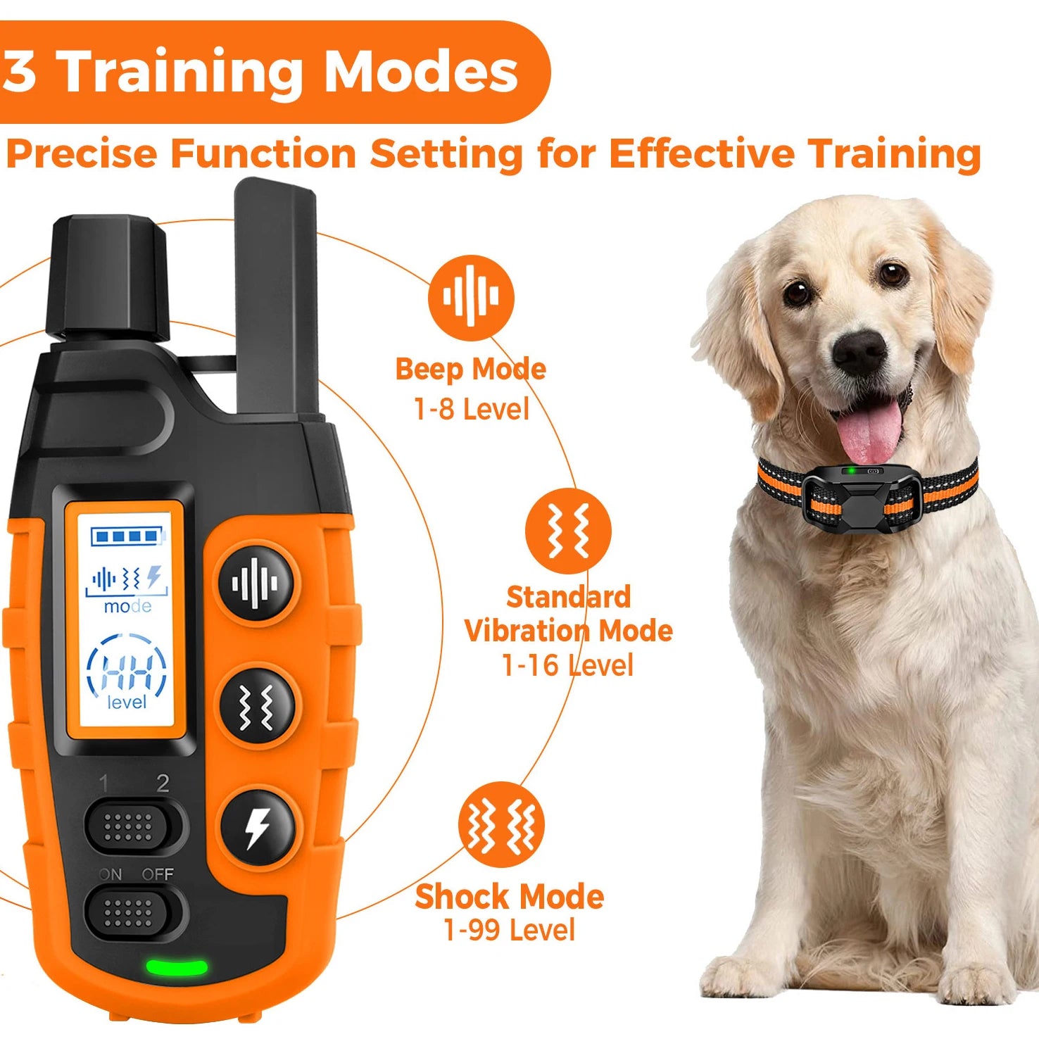 Dog training collar with remote, waterproof, orange color, fits 5-120lbs dogs