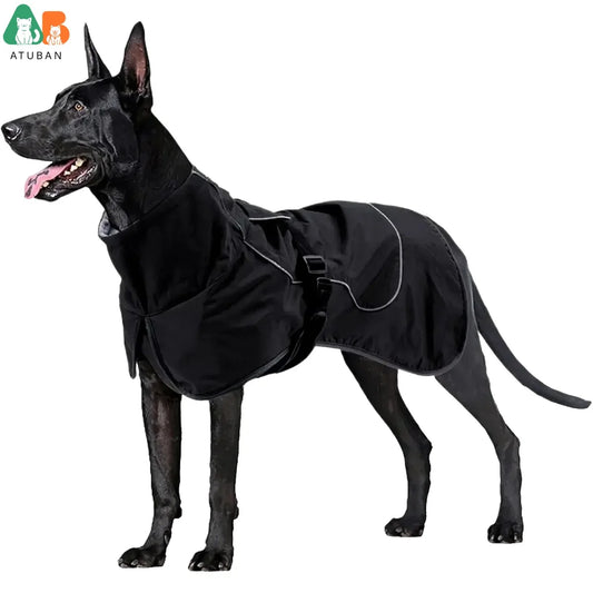 Waterproof dog jacket raincoat with fleece lining and reflective strips for cold weather outdoor walks
