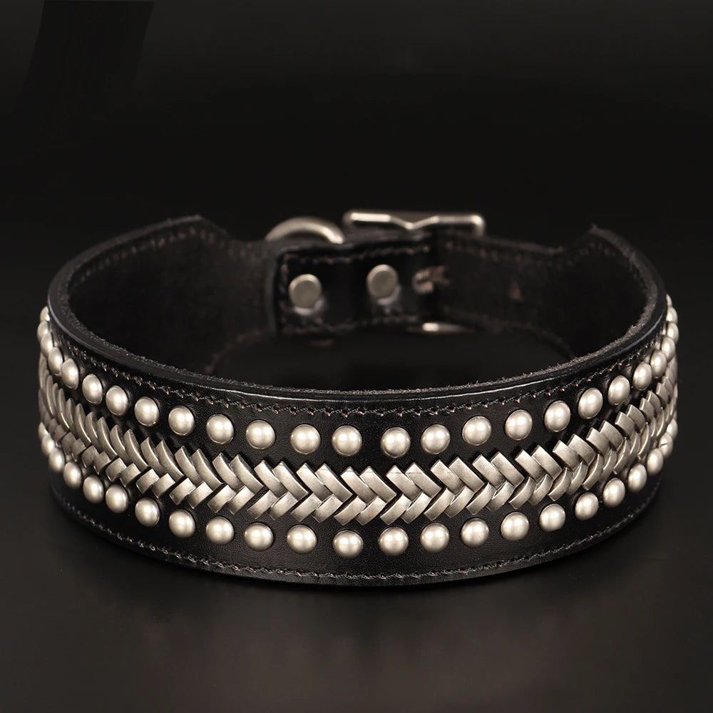 💎 Leather Dog Collar 🐶 Wide Rivet Design for Medium & Large Dogs