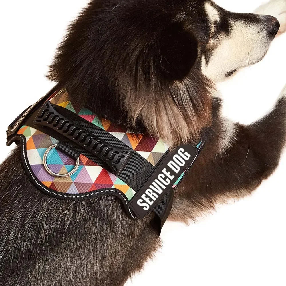 Service dog harness vest with removable reflective patches and no-pull design