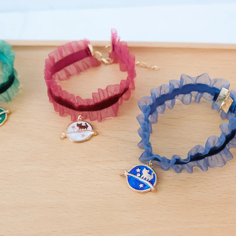 🌙 Moon Charm Cat Collar 🌟 Lace Adjustable Necklace for Cats & Small Dogs
