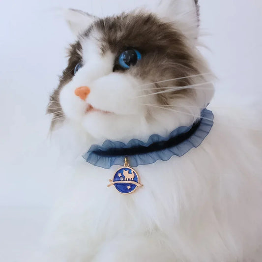 🌙 Moon Charm Cat Collar 🌟 Lace Adjustable Necklace for Cats & Small Dogs