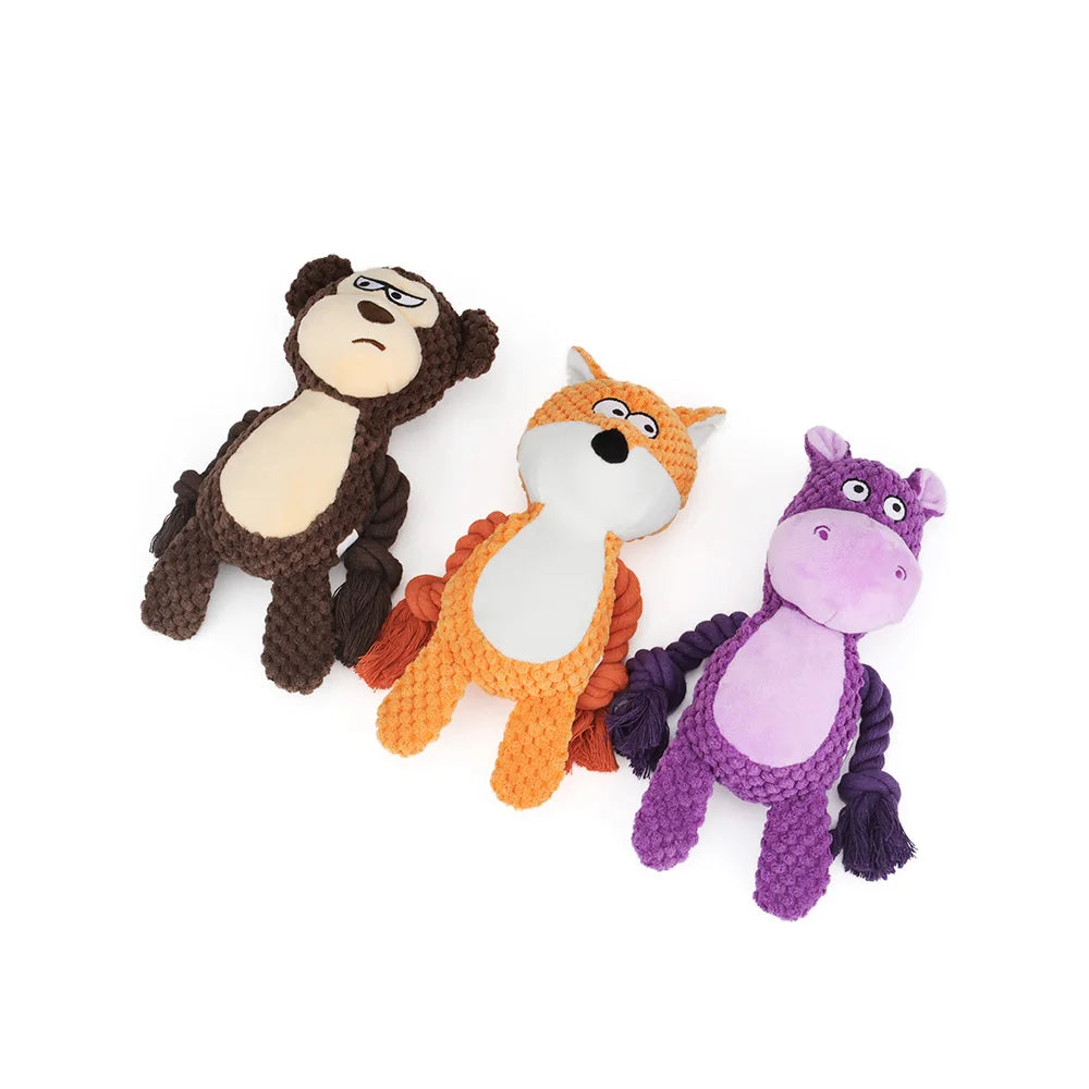 Cartoon Animal Plush Dog Toy 🐾 Squeaky Rope Chew Toy for Small Dogs & Puppies