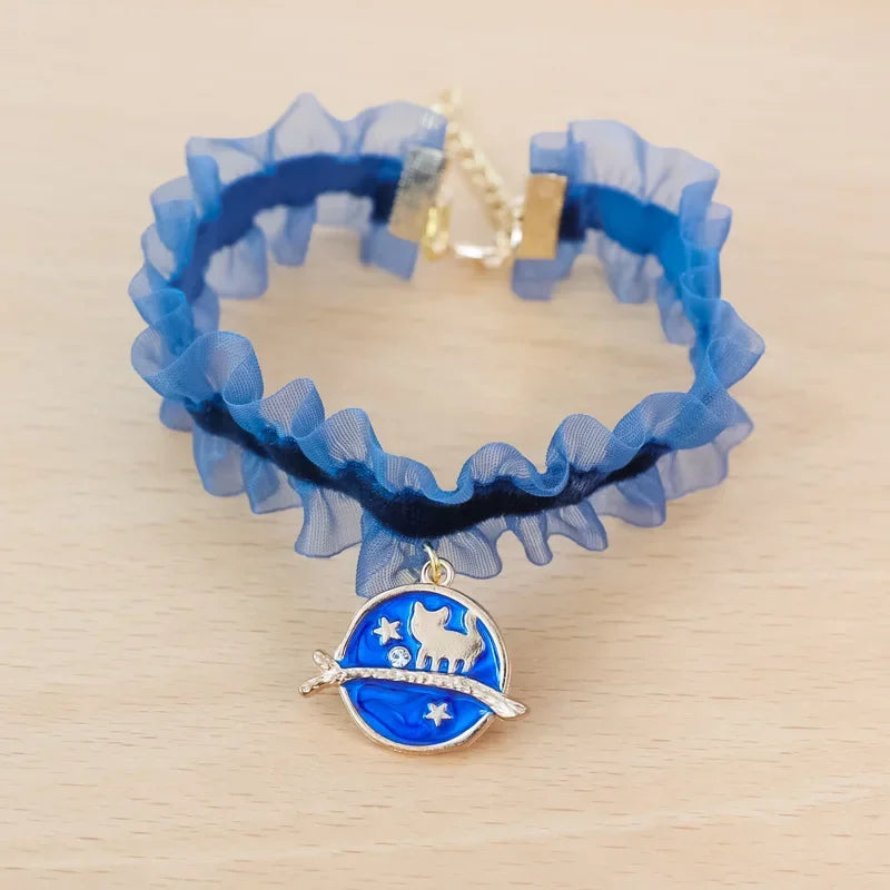 🌙 Moon Charm Cat Collar 🌟 Lace Adjustable Necklace for Cats & Small Dogs