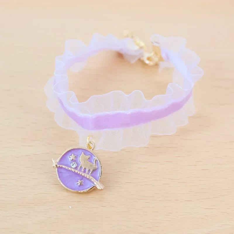 🌙 Moon Charm Cat Collar 🌟 Lace Adjustable Necklace for Cats & Small Dogs
